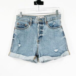 Daze Denim Button Fly Cuffed High Rise Denim Shorts